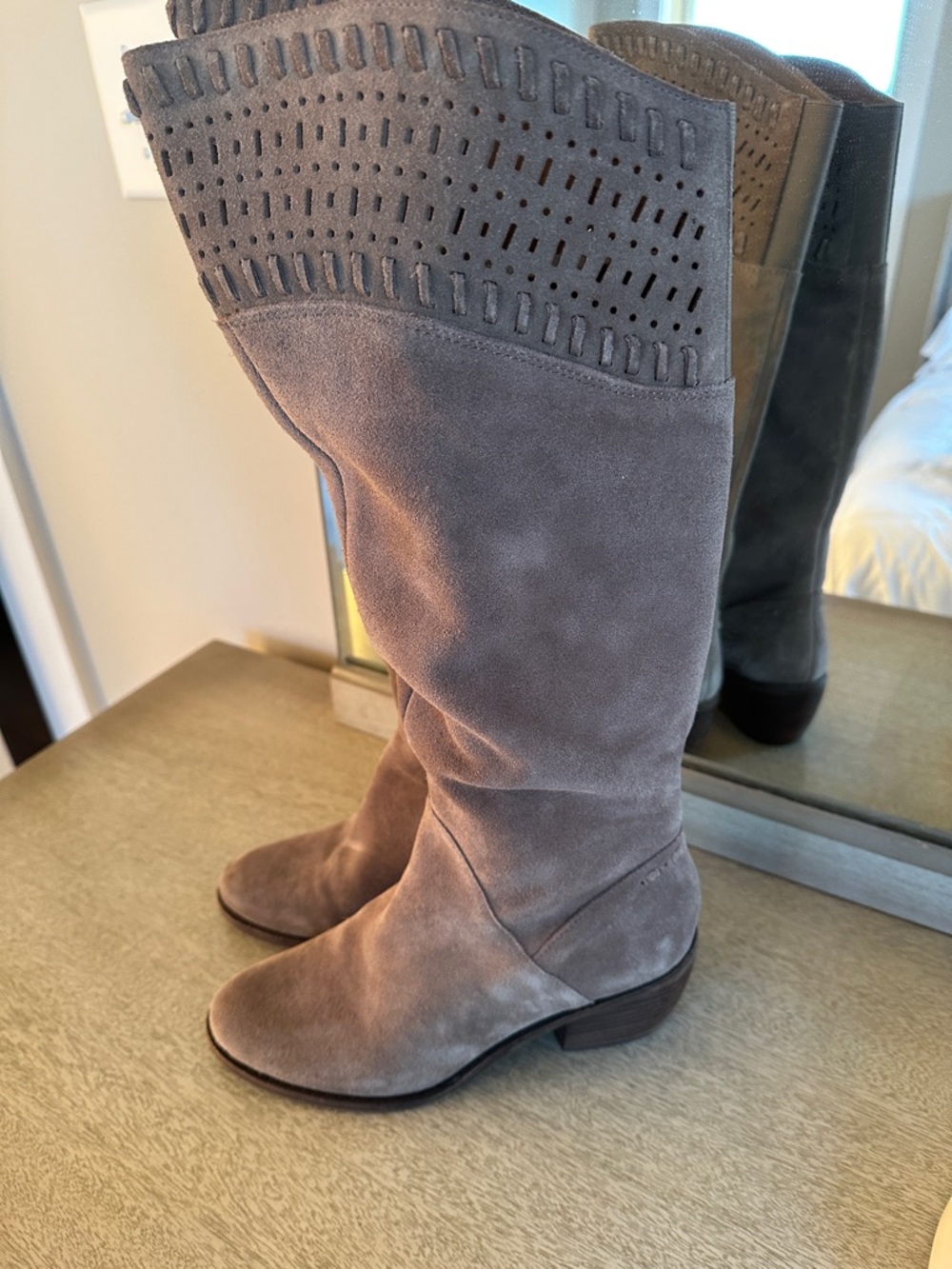Lucky Brand Taupe Suede Perforated Knee-High Boots